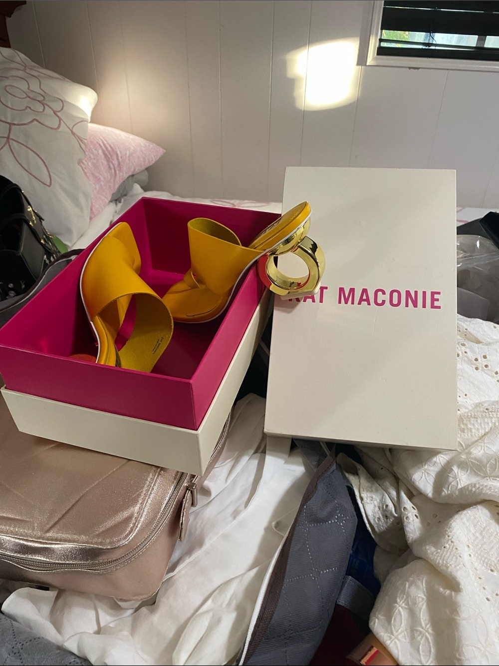 Stuart Weitzman Yellow Slide Sandals with Gold Ring Accent